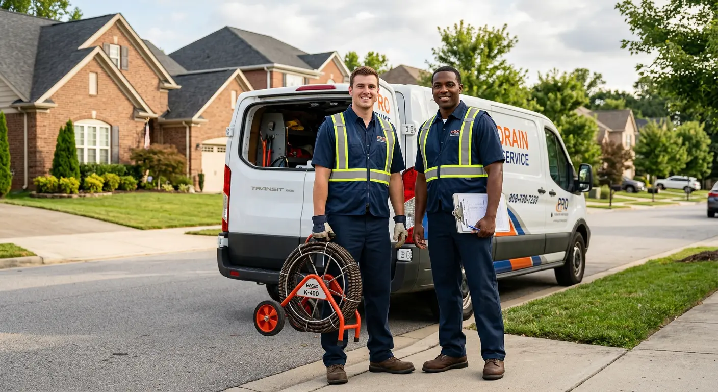 Sewer and drain service team with equipment ready for work in Perry