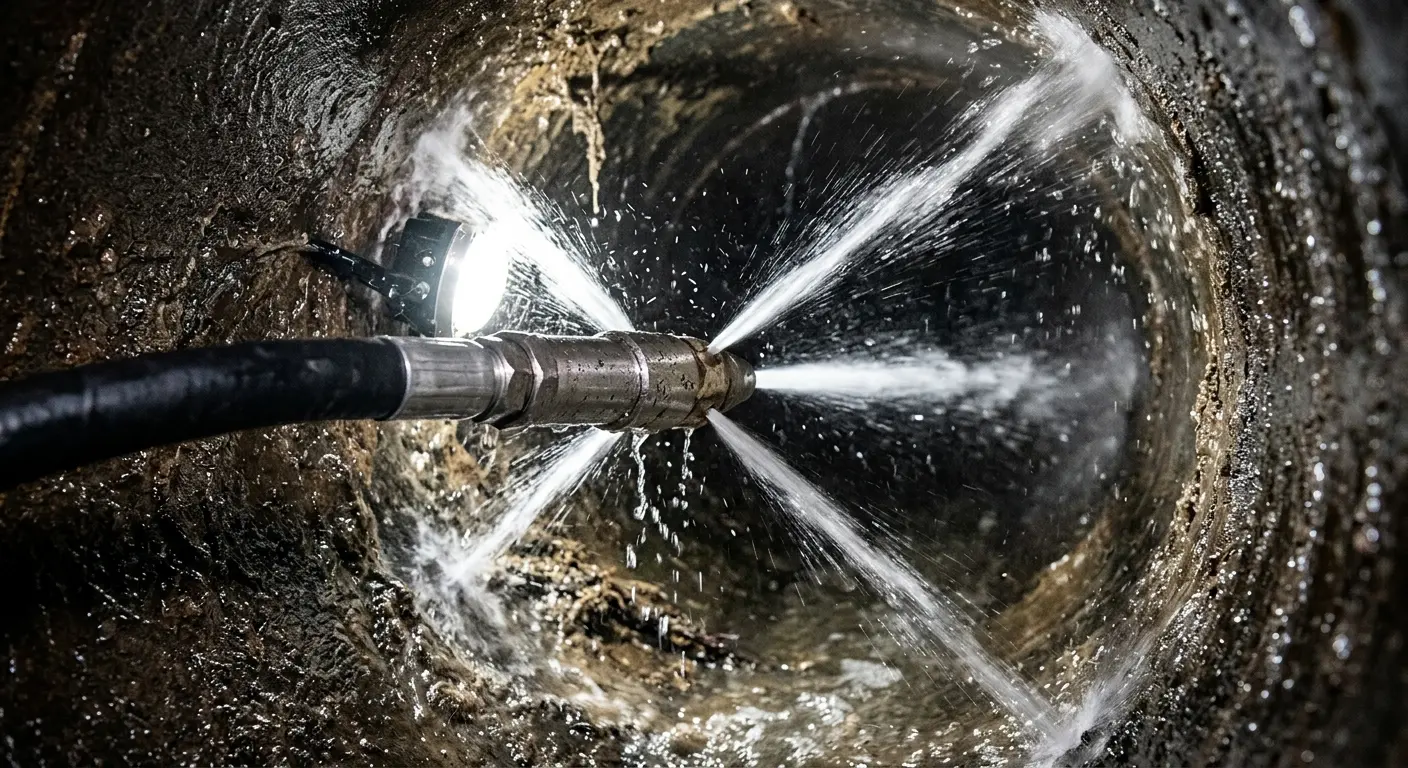 High-pressure hydro jetting nozzle cleaning sewer pipe for Sewer Line Relining in Perry