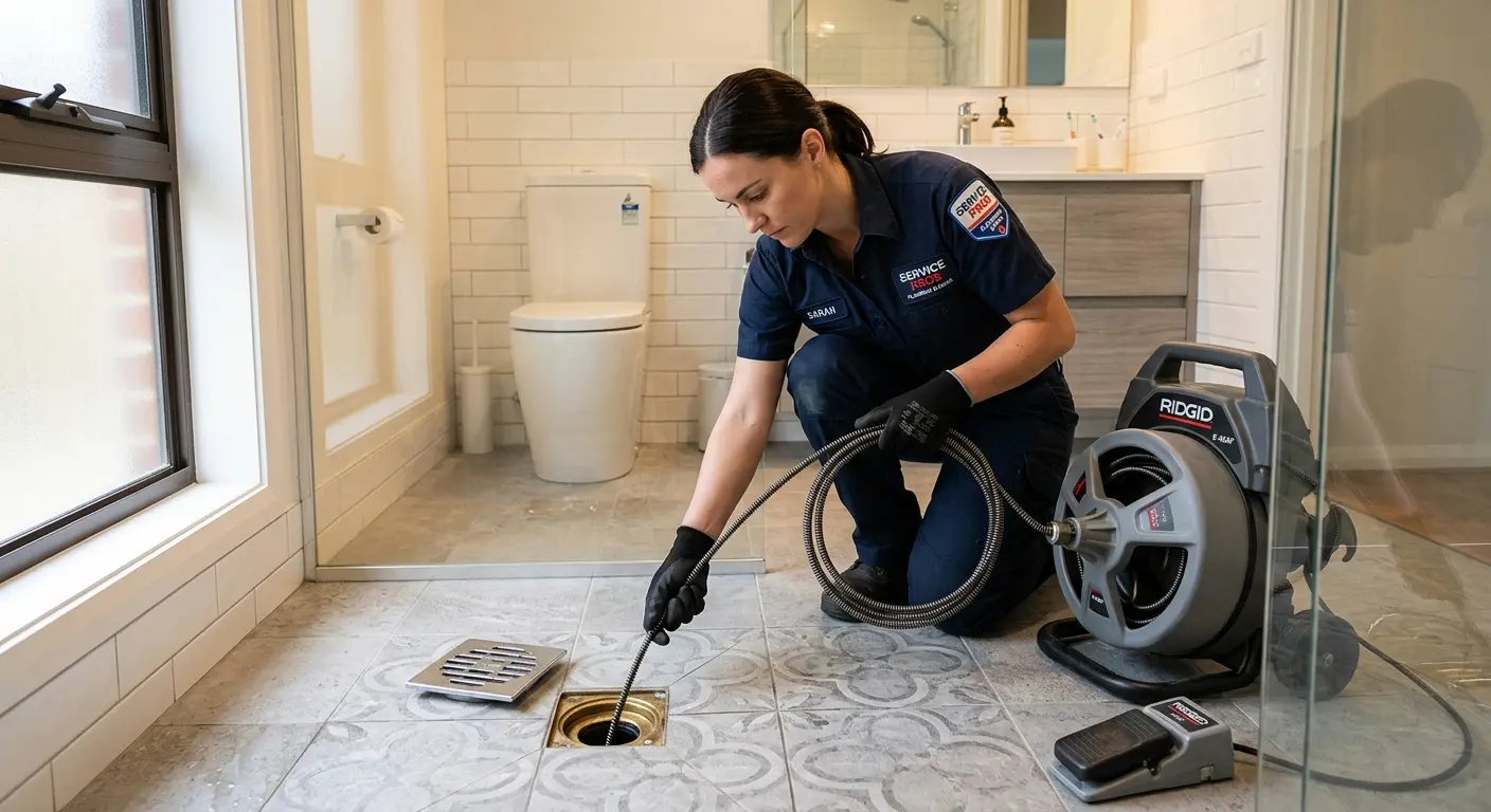 Technician clearing a bathroom floor drain for Drain Cleaning in Perry